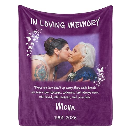 PUREFLY Personalized Memorial Blanket with Photo for Loss of Loved One, Memorial Gifts for Loss of Mom, Custom Sympathy Bereavement Remembrance Grieving Gifts for Loss of Daughter Son Dad - color: Purple