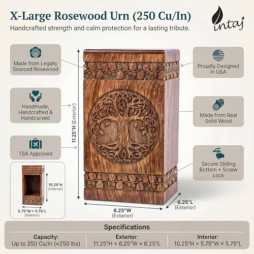 Wooden Cremation Urn for Human Ashes, 250 Cu in, X-Large, Rosewood | Hand-carved solid sheesham rosewood, screw-locked sliding base, engraving available, holds up to 250 lb - color: Rosewood, size: Large - 11.25Hx6.25W (250 Cu/In)