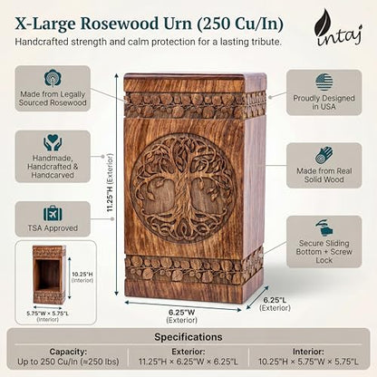 Wooden Cremation Urn for Human Ashes, 250 Cu in, X-Large, Rosewood | Hand-carved solid sheesham rosewood, screw-locked sliding base, engraving available, holds up to 250 lb - color: Rosewood, size: Large - 11.25Hx6.25W (250 Cu/In)