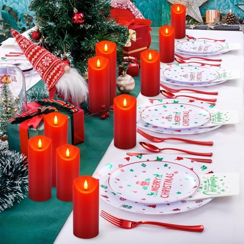 fclayvts 24 Pack Red LED Candles with Remote & Timer - Flameless Pillar Candles with 3D Flickering Flame, Battery Operated for Christmas Tree, Table Centerpieces, Party Decor - size: 24-Pack-Red