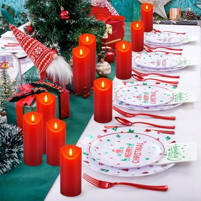 fclayvts 24 Pack Red LED Candles with Remote & Timer - Flameless Pillar Candles with 3D Flickering Flame, Battery Operated for Christmas Tree, Table Centerpieces, Party Decor - size: 24-Pack-Red