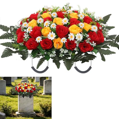 Wocst Headstone Flower Saddle,Large Artificial Cemetery Flowers for Grave Artificial Roses Daisy Saddle for Cemetery Headstone (Yellow) - color: Yellow
