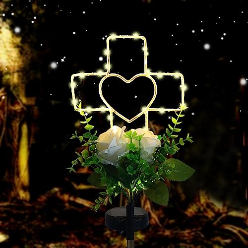 Lmtocs Solar Cross Grave Decorations for Cemetery Loved One, Memorial Sympathy Gifts for Loss of Loved One, Cemetery Decorations for Memorial Day, Mother Day, Father Day, Christmas Grave Decorations - color: Heart-Rose
