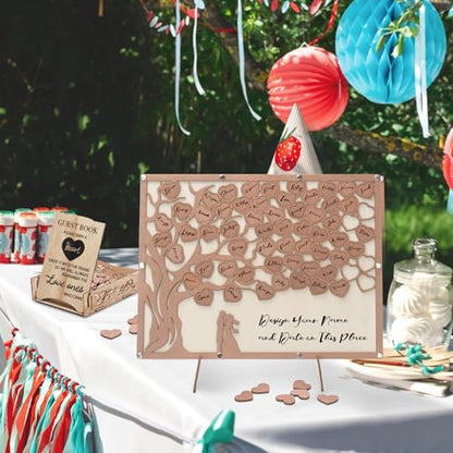 Wedding Guest Book Alternative, Guest Book Wedding Reception with Wooden Hearts Guest Book Signs for Wedding Anniversary Birthday Party Baby Shower - color: Wood