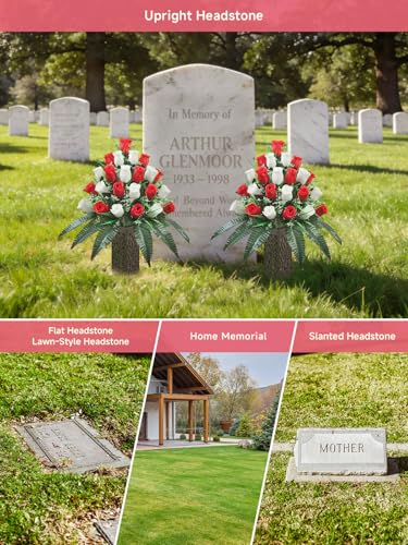 Mirevielyn 2-Pack 24-Stem Artificial Rose Cemetery Flowers with Vases - color: Red & White