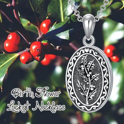 Birth Flower Photo Locket Necklace 925 Sterling Silver 12 Month Locket Necklace with Picture Birth Flower Photo Jewelry Gifts for Women Mother Mom Daughter - color: 12-December-Holly, style: 1.no custom