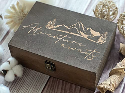 Adventure Awaits Dark Walnut Wooden Keepsake Box - 8.5x6x3in, Elegant Memory Box, Ideal Gift for Travelers and Couples, Spacious & Durable, Unique Christmas gift - color: Design 6