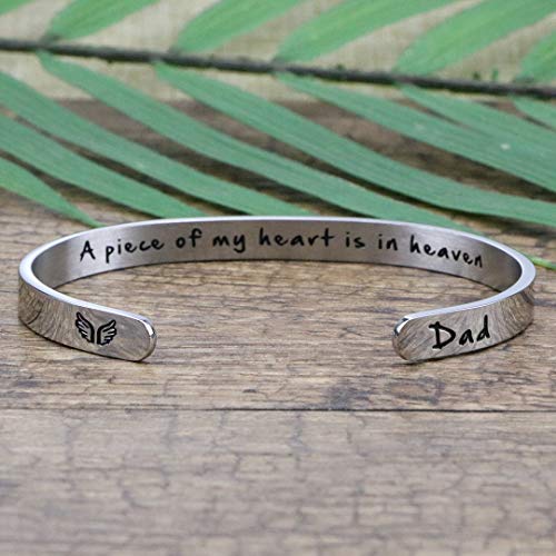 Memorial Gifts for Loss of Mom Dad In Memory of Jewelry Sympathy Bracelet | Bereavement Cuff Secret Message Engraved Grief Gifts for Women - style: Dad Memorial-A piece of my heart is in heaven