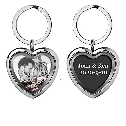 Custom Photo Text Engraved Heart Floating Living Locket Crystal Pendant Keychain - color: Pink - 1 Photo Engraving+ 1 Message Engraving
