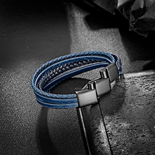 Mens Leather Bracelet with Clasp Cowhide Multi-Layer Braided Leather Mens Bracelet - style: Blue Rope&Black Clasp 8.7