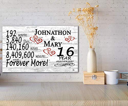 Personalized 16 Year Anniversary Sign Gift 16th Wedding Anniversary Present For Couple Days Minutes Years - Solid Wood - 16.5in x 10.5in x .75in (16 Year) - color: 16 Year