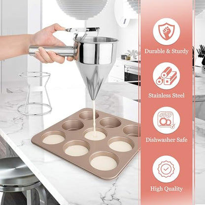 Piston Funnel with Stand - Stainless Steel Confectionery Funnel for Batter Dispensing & Bakery Use - Precise Cake Decorating Tool - Perfect for Pouring Sauces, Chocolate & Fillings | Silver