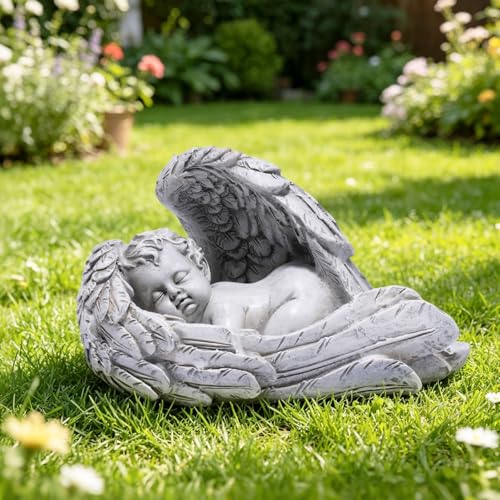 basen Sleeping Angel Baby Figurine, Resin Baby Statue Cradled in Angel Wings, Memorial Cherub Decor for Shelf Table Nursery Bedroom Living Room, Sympathy Gift for Home Remembrance - color: Baby Angel-gray