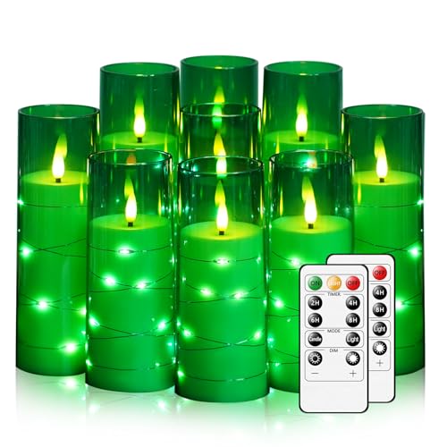 Nimiko Flickering Flameless LED Candles,Battery Operated Candles 9 Pcs with Embedded Star String,Acrylic LED Pillar Candles with Remote,Suitable for Home Decoration to Create an Atmosphere (Green) - color: Green