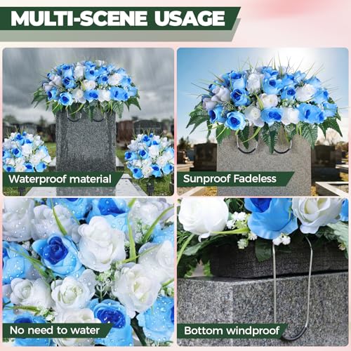 3 PCS Artificial Cemetery Flowers for Grave, Headstone Flower Saddle - color: Blue and White