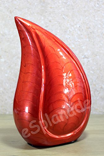 eSplanade Metal Cremation Urn Memorial Jar Pot Container | Full Size Embossed Urn for Ashes Funeral Burial | Teardrop Metal Urns | Red Fire - 10" Inches