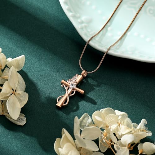 Butterfly Cross Cremation Jewelry Urn Necklaces Cross Butterfly Urn Necklaces for Ashes Memorial Keepsake Pendant for Women Men Gifts With Funnel Kit & Bag - color: Rose+White