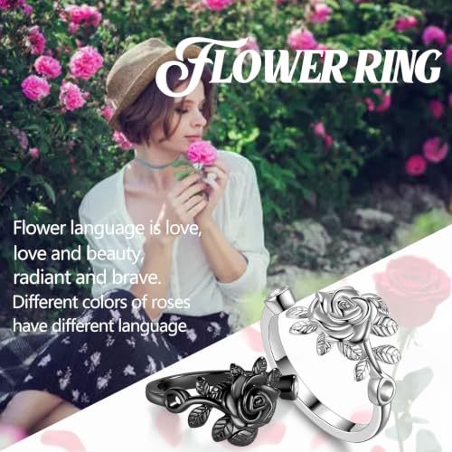 Jewmon Adjustable Flower Rose Ring for Women 925 Sterling Silver/Gold Plated Rose Flower Open Ring Elegant Promise Ring for Women Romantic Jewelry for Birthday Valentine Christmas Day Gifts - color: C,Rose Ring - Black Gold Plated