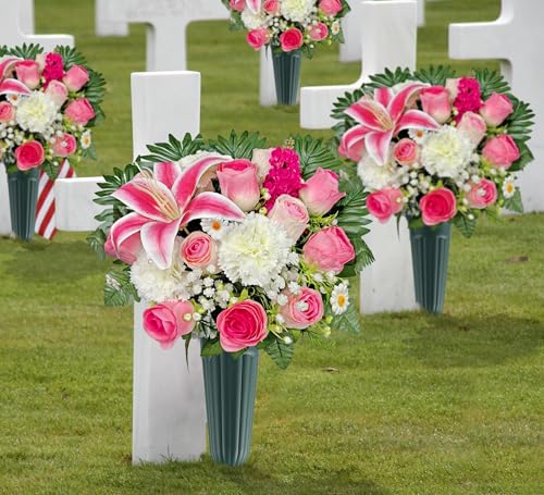 Artificial Cemetery Flowers,Memorial Flowers,Beautiful Arrangements for Headstones,Silk Lily Rose Carnation
