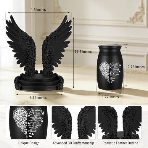 Abooxiu Small Urns for Human Ashes 2.76 Inches Mini Urn Aluminium Small Keepsake Urns with Angel Wings, Memorial Cremation Urn with 3D Printed Wing Frame, Sympathy Remembrance Urn for Loved One, Black