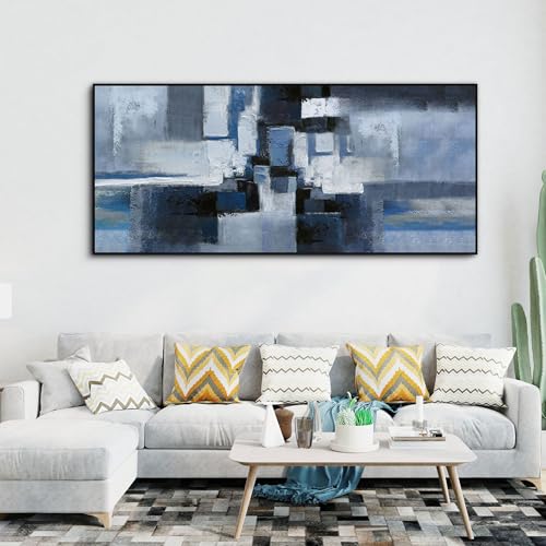 KLAKLA Abstract Wall Art for Living Room - Large Framed Canvas Blue and Black Pictures Artwork for Walls Bedroom Office Modern Wall Decor - 70x31 Inches - color: Black and Blue + Frame, size: 70"L x 31"W