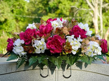 Artificial Cemetery Flowers - Grave Decoration - Fall Arrangement - 30" Long Plum Peony and White Hydrangea Saddle for Loved One's Headstone - size: Saddle