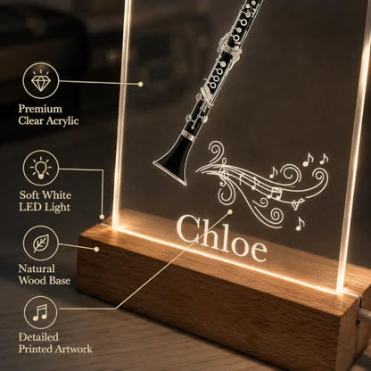 MIRROR MANIA Personalized Clarinet Night Light, Custom Name Music Lamp for Clarinet Players & Music Lovers, Clear Acrylic with Wood Base, Soft White LED, USB Powered, Handmade in USA