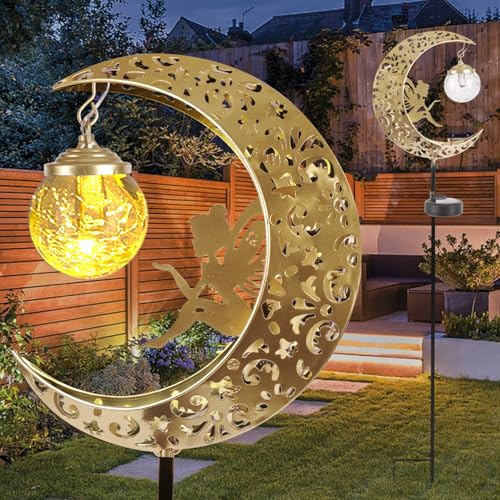 Solar Lights Outdoor Waterproof Fairy Moon Crackle Glass Lights with Metal Angel Decor for Walkway Yard Patio or Garden Gifts for Mom Grandma Friends - color: Gold Moon Fairy