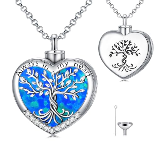 TOUPOP Tree of Life Urn Necklaces for Ashes 925 Sterling Silver Heart Cremation Jewelry Memorial Keepsake Jewelry with Funnel Filler for Women Men - color: A-Heart Tree of Life-Blue Opal