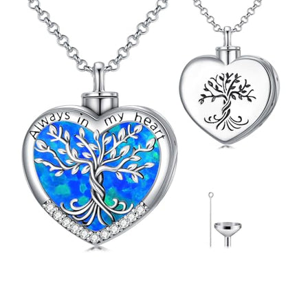 TOUPOP Tree of Life Urn Necklaces for Ashes 925 Sterling Silver Heart Cremation Jewelry Memorial Keepsake Jewelry with Funnel Filler for Women Men - color: A-Heart Tree of Life-Blue Opal