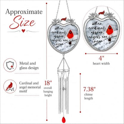 Cardinal Memorial Wind Chimes, 18 Inch Bereavement Sympathy Gift, When Cardinals Appear Angels are Near Remembrance Message, Red Cardinal Hanging Chime for Loss of Loved One, Memorial Garden Decor