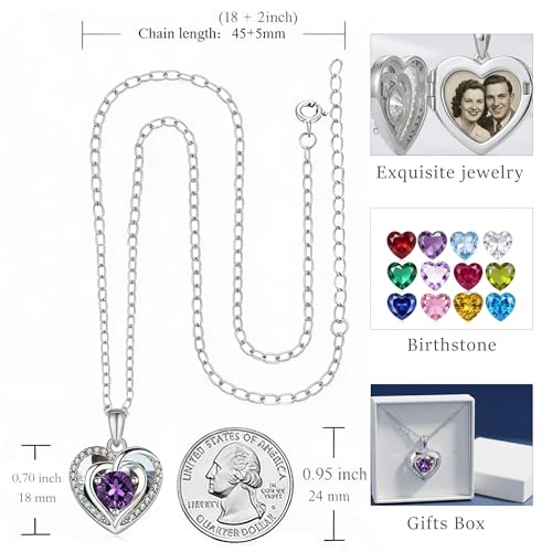 Locket Heart Necklace that Holds Pictures Photo Lockets Birthstone Pendant Anniversary Memorial Jewelry Gifts for Women - color: 02-February-Silver-Heart Locket