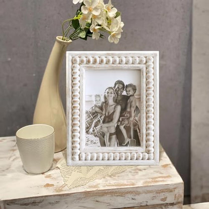 Whitewashed Wood Beaded 5x7 Picture Frame - Farmhouse Style Rustic Photo Frame, Boho Picture Frame as 5 x 7 Photo Frame for Tabletop Display 5x7 Photo - color: White, size: Single 5x7