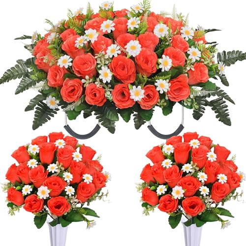 Lodou 3 Pcs Artificial Cemetery Flowers for Graves – Memorial Flower Saddle & 2 Rose Bouquets with Vase,Cemetery Saddle Flowers for Headstone, Elegant Grave Decor for Headstones (Orange) - color: Orange