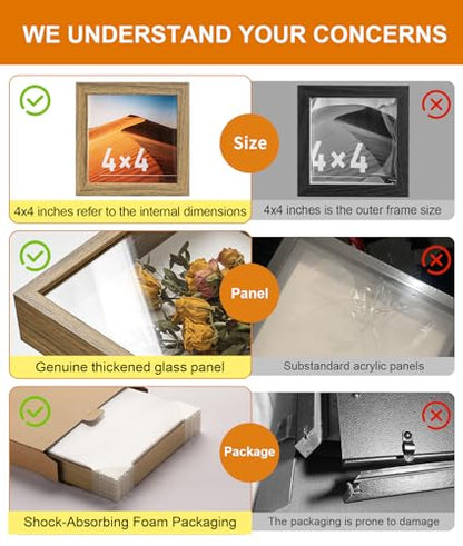 4x4 Mini Shadow Box Frame with Ultra-Clear Glass & Soft Linen Back | With Push Pins, Deep 1.2" Brown Shadow Box Display Case – Display on Tabletop or Wall for Insect, Photo, Flower, Keepsakes - color: Brown+high Definition Panel + Shatter-proof Packaging,
