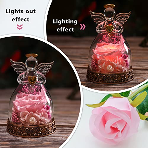 Preserved Real Rose in Glass Angel Figurine with LED Light, Angel Gifts for Women, Mom, Grandma on Mother's Day Christmas Birthday (Pink) - color: Pink