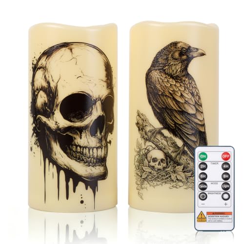 Amagic 3"x6" Halloween Flameless Candles, Waterproof LED Pillar Candles - color: Skeleton + Raven, size: 2 Pack, D3"xH6"