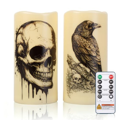 Amagic 3"x6" Halloween Flameless Candles, Waterproof LED Pillar Candles - color: Skeleton + Raven, size: 2 Pack, D3"xH6"