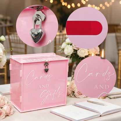 Acrylic Card Box with Lock & Slot, Macaron Pink Money Gift Card Box for Baby Shower Reception, Cash Envelope Box for Quinceanera Graduation Bridal Shower Wedding & Anniversary Party Supplies - color: Macaron Pink