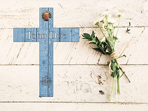 PK Décor Blue Faux Wood Cross for Wall Decor - Graveyard Decorations For Loved One - Sympathy Outdoor Gift with Photo - Grave Yard Plaque - Death of Baby Boy (Cross Fresh Blue) - style: Cross Fresh Blue