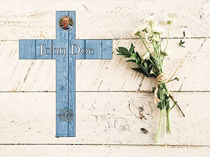 PK Décor Blue Faux Wood Cross for Wall Decor - Graveyard Decorations For Loved One - Sympathy Outdoor Gift with Photo - Grave Yard Plaque - Death of Baby Boy (Cross Fresh Blue) - style: Cross Fresh Blue