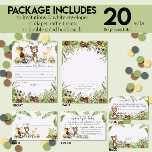 Baby Shower Invites Gender Neutral – Watercolor Woodland Baby Shower Invitation Bundle with Diaper Raffle Tickets, Book Request Cards & Envelopes. Set of 20 5X7 Woodland Creatures Invitation Kit Sets for Boy or Girl - style: Woodland Creatures