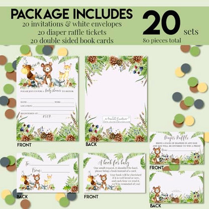 Baby Shower Invites Gender Neutral – Watercolor Woodland Baby Shower Invitation Bundle with Diaper Raffle Tickets, Book Request Cards & Envelopes. Set of 20 5X7 Woodland Creatures Invitation Kit Sets for Boy or Girl - style: Woodland Creatures