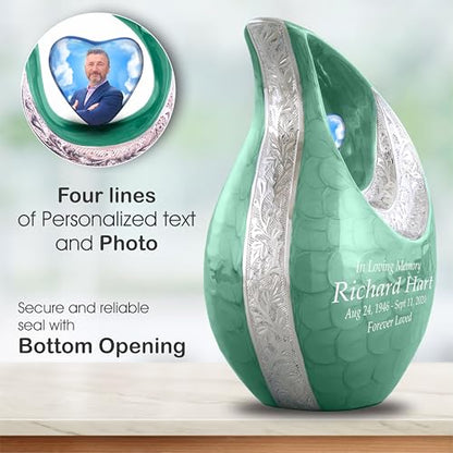 Personalized Photo & Text Green Teardrop Cremation Urns for Adult Ashes Male Female - 156 Lbs Burial Urns for Human Ashes - Handcrafted Funeral Decorative Urn for Adult with Velvet Bag - size: 156 Lbs Adult Urn