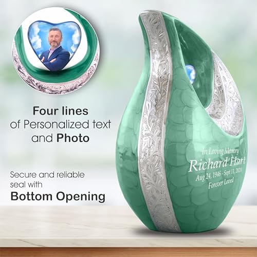 Personalized Photo & Text Green Teardrop Cremation Urns for Adult Ashes Male Female - 220 Lbs Burial Urns for Human Ashes - Handcrafted Funeral Decorative Urn for Adult with Velvet Bag - size: 220 Lbs Adult Urn