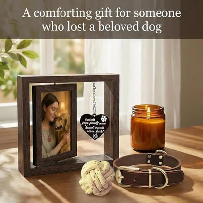 4x6 Rotating Pet Memorial Photo Frame, Double-Sided Remembrance Picture Frame, Sympathy Gift for Loss of Dog or Cat, Wooden Keepsake with Heart Charm - color: you left paw prints on my heart