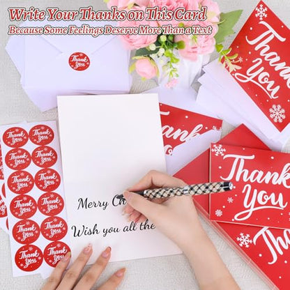 300 Pack Christmas Thank You Cards with Envelopes and Matching Stickers, 4.5x5.55 Inches Greeting Cards, Red Snowflake Thank you Cards for Xmas Wedding Graduation Business and Baby Shower - color: Red