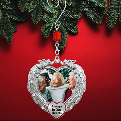 Memorial Photo Ornament Always in Our Hearts, Heart-Shaped Angel Wing Remembrance Ornament with Clear Gems, Sympathy Christmas Ornament with Gift Storage Bag, Holds 2" Photo, 3.25"