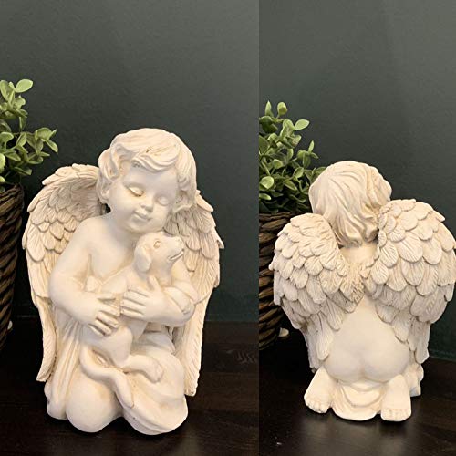 KiaoTime Angel with Dog Statue Pet Dog Memorial Statue Indoor Outdoor Home Garden Guardian Rememberance Dog Puppy Figurine, 7-in