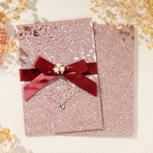 25Pcs Rose Gold Glitter Laser Cut Invitations with RSVP Card and Envelopes - color: Glitter Rose Gold